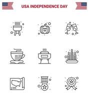 paquete de iconos de vector de stock de día americano 9 signos y símbolos de línea para fiesta de fuego fiesta de copa de vino barbacoa elementos de diseño de vector de día de estados unidos editables