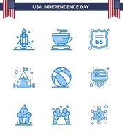 Modern Set of 9 Blues and symbols on USA Independence Day such as american football security tent camp Editable USA Day Vector Design Elements