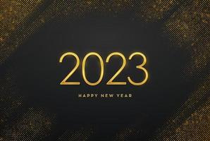 Happy New 2023 Year. Golden metallic luxury numbers 2023 on shimmering background. Realistic sign for greeting card. Bursting backdrop with glitters. Festive poster or banner. Vector illustration.