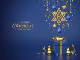 Merry christmas card, banner with hanging shining gold snowflake, balls, stars, confetti on blue background. Gift box and golden metallic pine or fir cone shape spruce trees. Vector illustration.