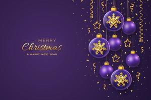 Merry christmas greeting card. Golden shining 3D snowflakes in a glass bauble. Christmas purple background with hanging gold stars and balls. Holiday Xmas, New Year banner, flyer. Vector Illustration.