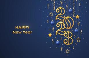 Happy New 2023 Year. Hanging Golden metallic numbers 2023 with shining 3D metallic stars, balls and confetti on blue background. New Year greeting card, banner template. Realistic Vector illustration.