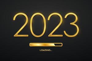 Happy New 2023 Year. Golden metallic luxury numbers 2023 with golden loading bar. Party countdown. Realistic sign for greeting card. Festive poster or holiday banner design. Vector illustration.