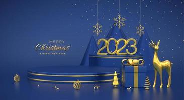 Christmas Scene and 3D round platforms on blue background. 3D Golden numbers 2023. Blank Pedestal with deer, shining snowflakes, balls, gift boxes, gold metallic cone shape pine, spruce trees. Vector. vector