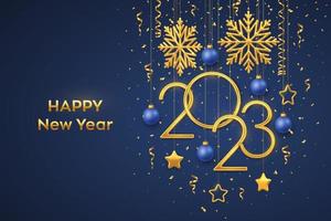 Happy New 2023 Year. Hanging Golden metallic numbers 2023 with shining snowflakes, 3D metallic stars, balls and confetti on blue background. New Year greeting card or banner template. Vector. vector