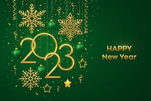 Happy New 2023 Year. Hanging Golden metallic numbers 2023 with shining snowflakes, 3D metallic stars, balls and confetti on green background. New Year greeting card or banner template. Vector. vector