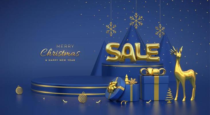 SALE banner. Scene and 3D round platforms on blue background. Golden Sale balloon word. Pedestal with gift boxes, golden deers, snowflakes, balls, metallic pine, cone spruce trees. Vector illustration