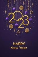 Happy New 2023 Year. Hanging Golden metallic numbers 2023 with shining 3D metallic stars, balls, confetti on purple background. New Year greeting card, banner template. Realistic Vector illustration.