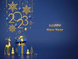 Happy New 2023 Year. Hanging golden metallic numbers 2023 with snowflakes, stars, balls on blue background. Open gift box, gold deer, metallic pine or fir, cone shape spruce trees. Vector illustration