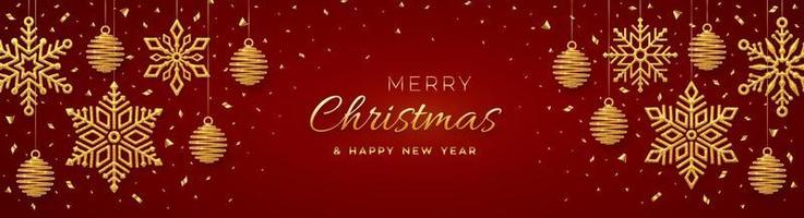 Fondo rojo navideño con bolas y copos de nieve dorados que cuelgan brillantes. feliz navidad tarjeta de felicitación. cartel de vacaciones de navidad y año nuevo, banner web. ilustración vectorial. vector