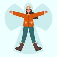 Young woman lying in snow on back and moving arms and legs. Smiling girl making snow angel. Winter entertainments concept. vector