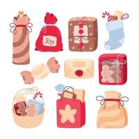 conjunto de coloridas cajas de regalo y presentes de diferentes formas. decoración festiva. ilustraciones para decoración navideña, tarjetas de felicitación, pegatinas, cuadernos, patrones vector