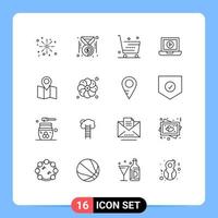16 Universal Outlines Set for Web and Mobile Applications pointer location ecommerce video laptop Editable Vector Design Elements