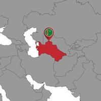 Pin map with Turkmenistan flag on world map. Vector illustration.