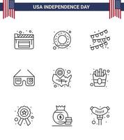 Happy Independence Day Pack of 9 Lines Signs and Symbols for location pin usa party bulb states usa Editable USA Day Vector Design Elements