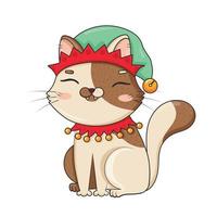 Lindo gato de dibujos animados en traje de elfo de Navidad sentado aislado sobre fondo blanco. vector