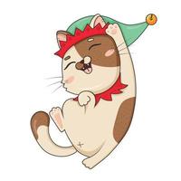 Cute cartoon cat in christmas elf costume pulls up and lies on his back isolated on white background vector