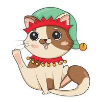 Cute cartoon cat dressed as a Christmas elf washing his face with his hind paw up isolated on a white background vector