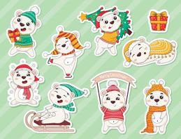 Bundle of stickers with cute cartoon new year polar bears in winter clothes with christmas tree, skating, sledding, catching snowflakes, carrying gifts, sleeping vector