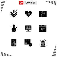 Set of 9 Vector Solid Glyphs on Grid for static valentine play perfume marriage Editable Vector Design Elements