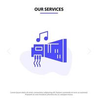 nuestros servicios audio blaster dispositivo hardware música glifo sólido icono plantilla de tarjeta web vector