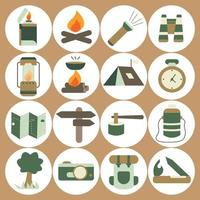 set of camping equipment isolated on cream dark background vector