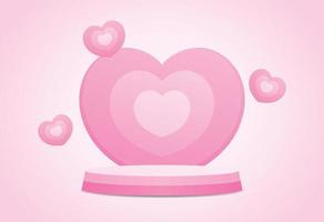 lindo y encantador fondo de corazón rosa pastel con pantalla de podio vector de ilustración 3d para poner objetos