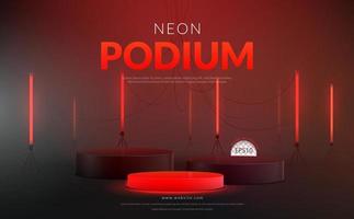 Red background concept, three step red and black Podium with red neon light on black background for product display, Vector illustration