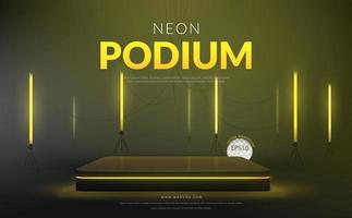 Yellow background concept, Podium with yellow neon light on black background for product display, Vector illustration