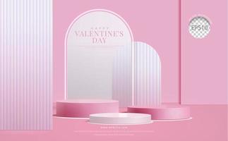 Valentines day pink background. three step pink podium with backdrop frosted glass, for product display, 3d Realistic vector illustration