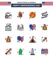 feliz día de la independencia 16 líneas llenas planas paquete de iconos para web e imprimir invitación sobre bola correo electrónico decoración de fiesta elementos de diseño de vector de día de estados unidos editables