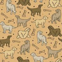 Drawing with different dogs in different poses. Graphic drawings of dogs with brown lines and spots, dots, bones. Suitable for printing on paper and textiles. Gift wrapping, clothing vector