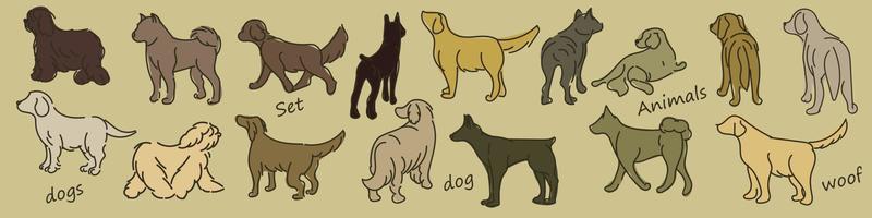A set of colored dogs with contour, spots and lines. Suitable for printed products of postcards, banners, flyers. Use for nurseries, specialty stores.