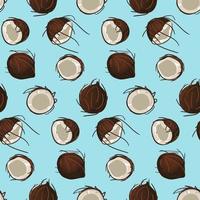 A pattern of coconuts on a blue background. Coconuts in different locations, chaos. Wallpaper, print, wrapping paper, modern textile design, banner, poster. Vector illustration.