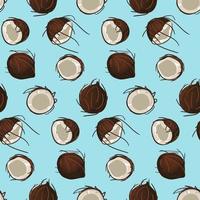 A pattern of coconuts on a blue background. Coconuts in different locations, chaos. Wallpaper, print, wrapping paper, modern textile design, banner, poster. Vector illustration.