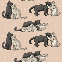 A pattern of cute and funny cats cuddling. A collection of cartoon character designs of a cat or kitten with a flat color in different poses. Pets, seamless on pink background with hearts. vector