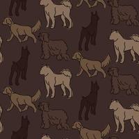 Drawing with different dogs in different poses. Graphic drawings of dogs with spots on a dark background. All shades of brown. Suitable for printing on paper and textiles. Gift wrapping, clothing vector