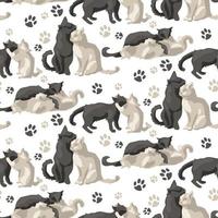 A pattern of vector spots of cute and funny cats. A collection of cartoon character designs of a cat or kitten with a flat color in different poses. Pets, seamless on a white background.