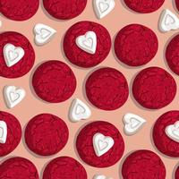 un patrón de galletas de avena con chocolates blancos en forma de corazón. galletas rojas recurrentes. adecuado para la impresión en textiles y papel. embalaje festivo para el día de san valentín. cocina. vector