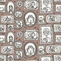 Background with paintings on the wall in doodle style. Frames of family photos hang on the wall. A seamless pattern in a vector. Suitable for printing on textiles and paper. The idea for the interior. vector