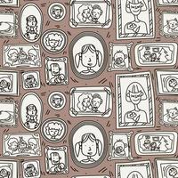 Background with paintings on the wall in doodle style. Frames of family photos hang on the wall. A seamless pattern in a vector. Suitable for printing on textiles and paper. The idea for the interior. vector