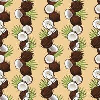 Seamless pattern with coconuts and palm leaves. Half a coconut. Summer and paradise background. Wallpaper, print, wrapping paper, modern textile design, banner, poster. Vector illustration.