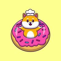 lindo chef shiba inu perro con ilustración de iconos de vector de dibujos animados de donut. concepto de caricatura plana. adecuado para cualquier proyecto creativo.
