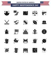 4th July USA Happy Independence Day Icon Symbols Group of 25 Modern Solid Glyph of army gun states scale justice Editable USA Day Vector Design Elements