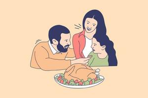 ilustraciones de familia feliz comiendo pavo para el concepto de diseño del día de acción de gracias vector