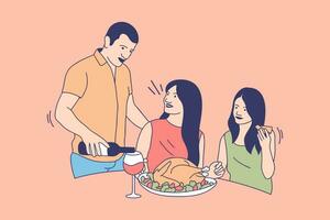 ilustraciones de familia feliz comiendo pavo para el concepto de diseño del día de acción de gracias vector