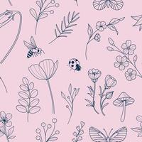 Nature pattern with line art illustration, pink and blue vector repeat