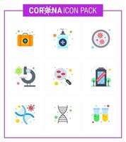 Covid19 icon set for infographic 9 Flat Color pack such as sample lab germs blood microscope viral coronavirus 2019nov disease Vector Design Elements