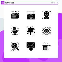 Pack of 9 creative Solid Glyphs of direction cookie pumpkin coffee pin Editable Vector Design Elements
