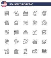 Happy Independence Day USA Pack of 25 Creative Lines of food cola usa summer glass Editable USA Day Vector Design Elements